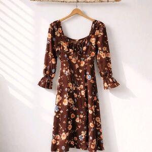 Floral Brown Dress with Ruffle Sleeves